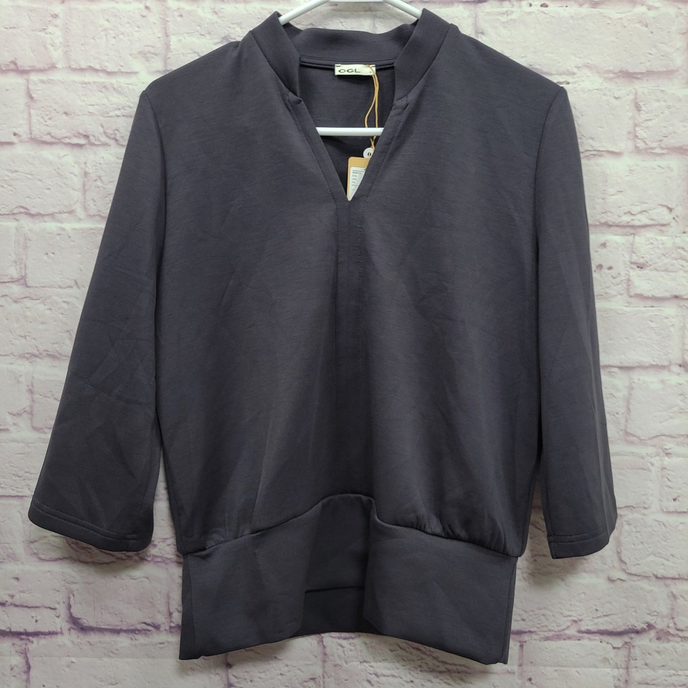 NEW OGL Split V Neck Charcoal Grey Knit Blouse S 3/4 Sleeve Office Cozy Basics